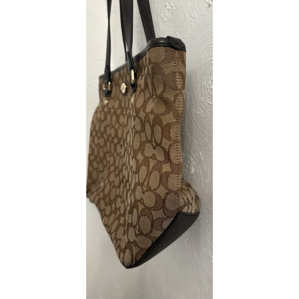 Coach Signature Jacquard Tote Bag Khaki Brown Leather Trim Gold Hardware 11x14x5 - Picture 5 of 14